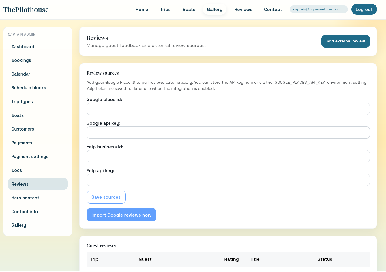 Reviews manager for importing or adding reviews