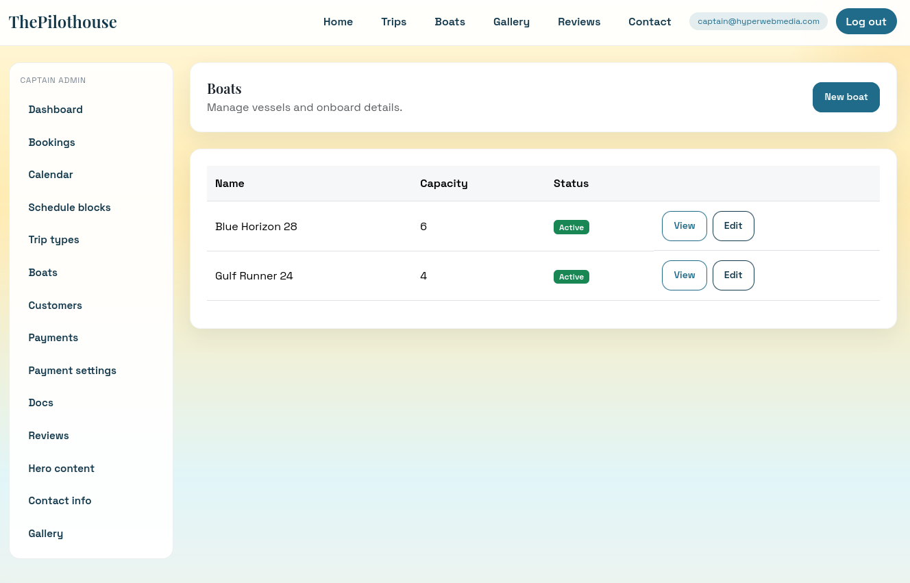 Boat management screen with vessel details and photos
