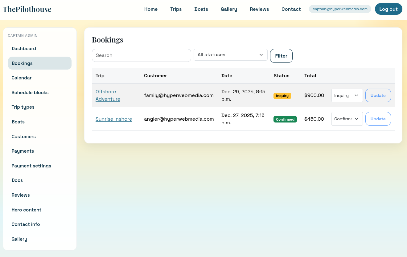 Bookings pipeline with reservation statuses and payments
