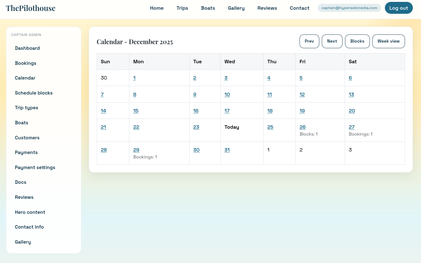 Calendar view for managing availability and blocked dates