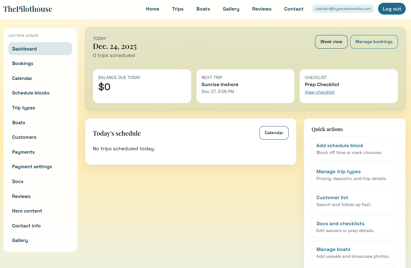 PilotHouse booking dashboard overview showing trips and revenue