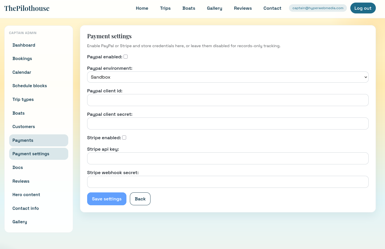 Payments settings for PayPal and Stripe