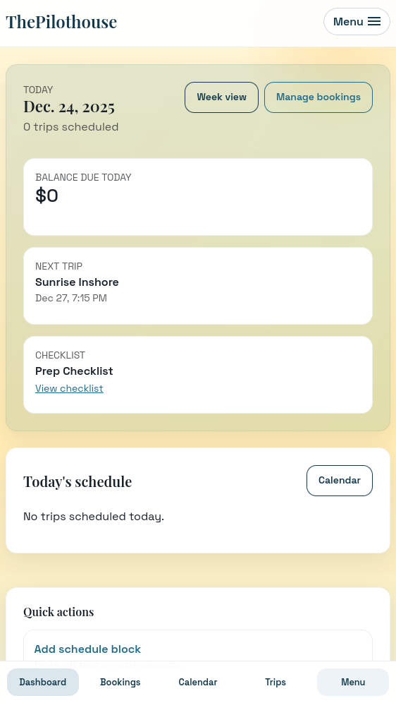 The Pilothouse mobile dashboard view for managing bookings on the go