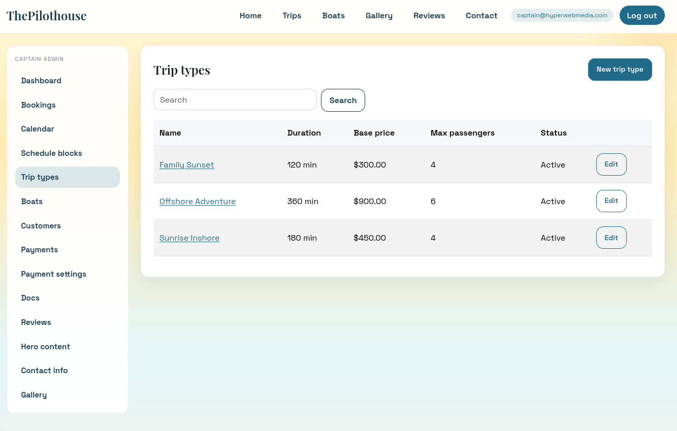 Trip type editor with pricing and duration fields